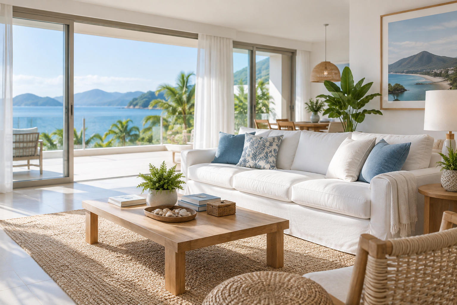 Ambiente ilustrativo: sala clara e bem cuidada com vista para o litoral